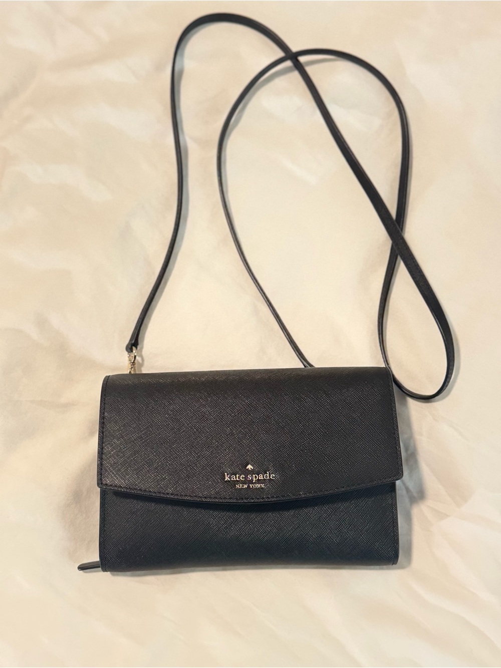 kate spade black saffiano crossbody with gold logo